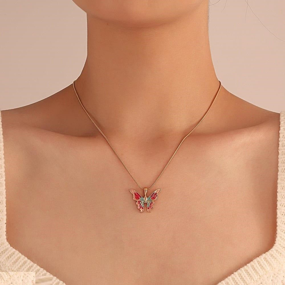 Multi Painted Butterfly Pendant with Gold-Plated Silver Necklace.