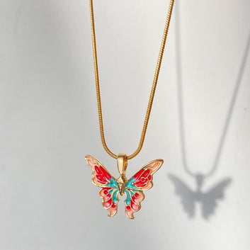 Multi Painted Butterfly Pendant with Gold-Plated Silver Necklace.