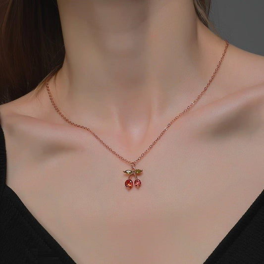 Cherry/Leaf Pendant Necklace with Gold-Plated  Chain