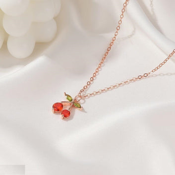 Cherry/Leaf Pendant Necklace with Gold-Plated  Chain